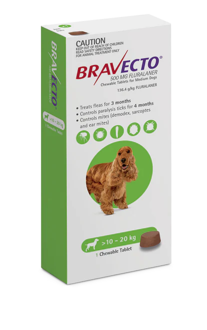 Bravecto 3 Month Chew for Medium Dogs 10-20kg Green